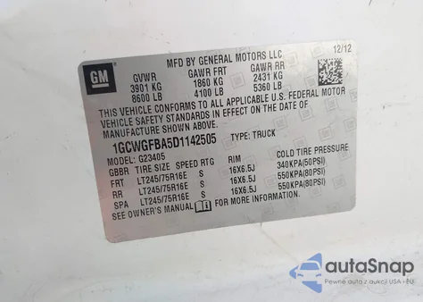 2013 Chevrolet Express 2500 Work Van z USA, uszkodzony, nr VIN 1GCWGFBA5D1142505